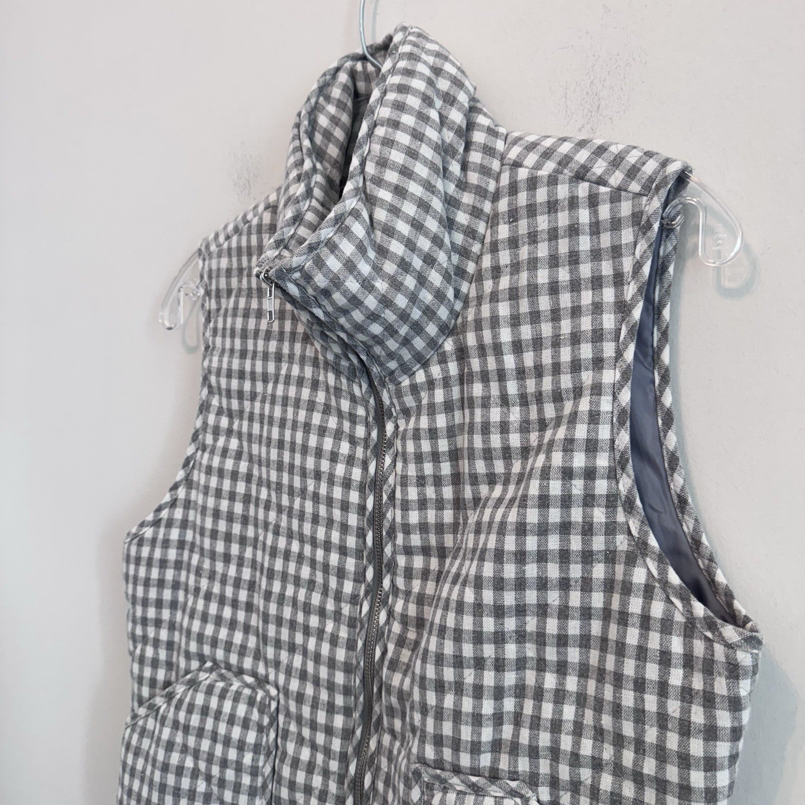 Peach Love Gingham Puffer Vest Womens M Gray Cottagecore Zip