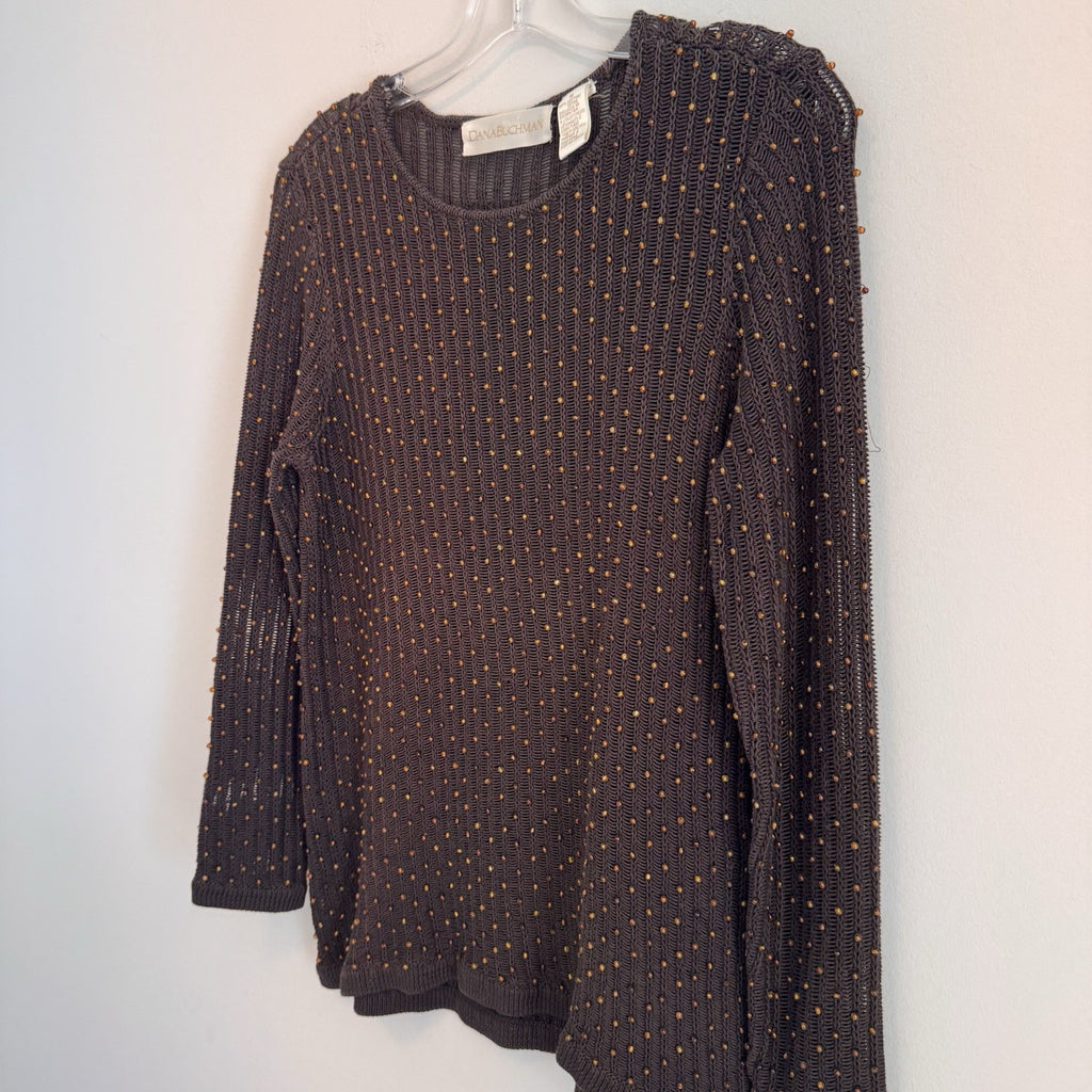 Dana Buchman Womens M Brown Beaded Open Knit Sweater Long Sleeve Crochet