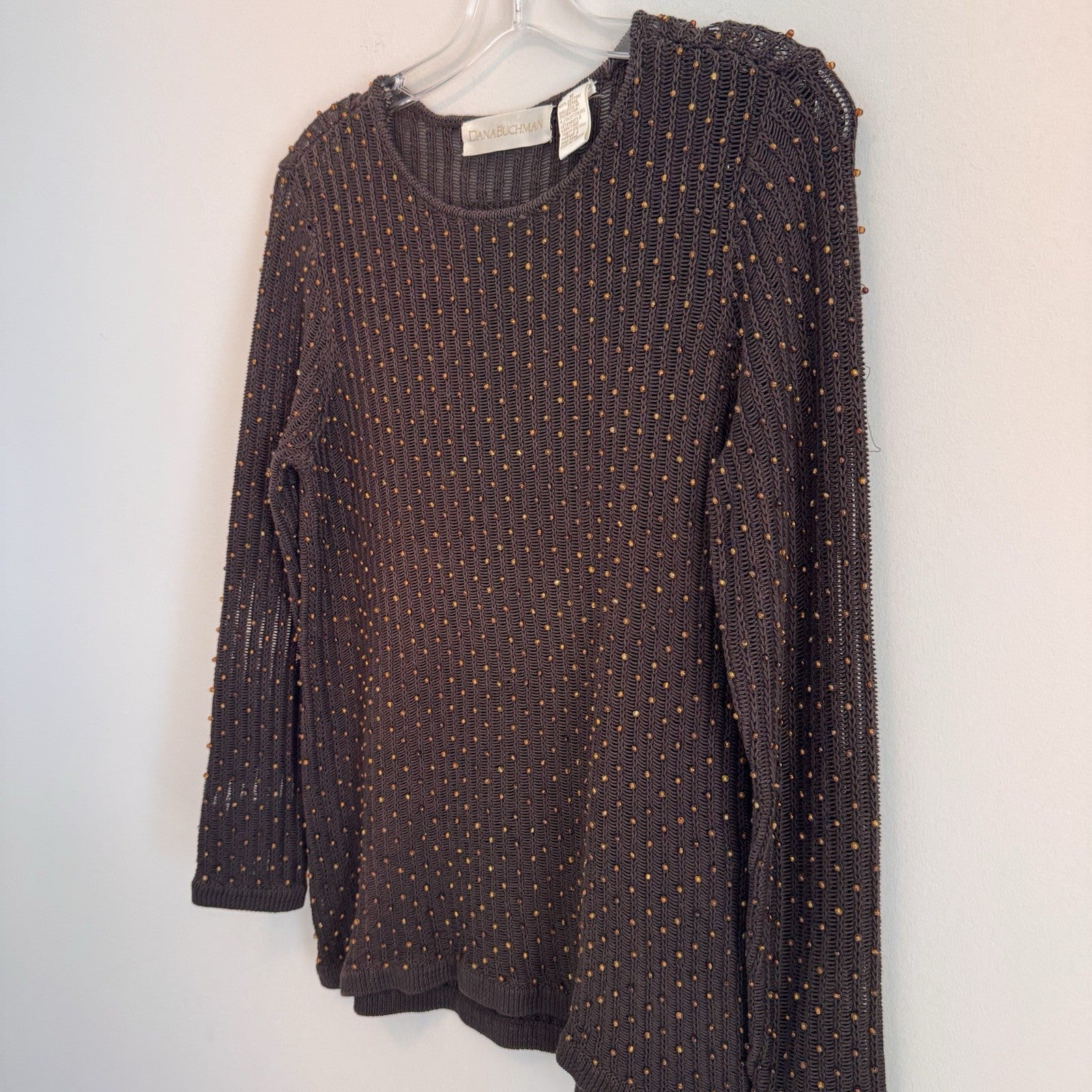 Dana Buchman Womens M Brown Beaded Open Knit Sweater Long Sleeve Crochet