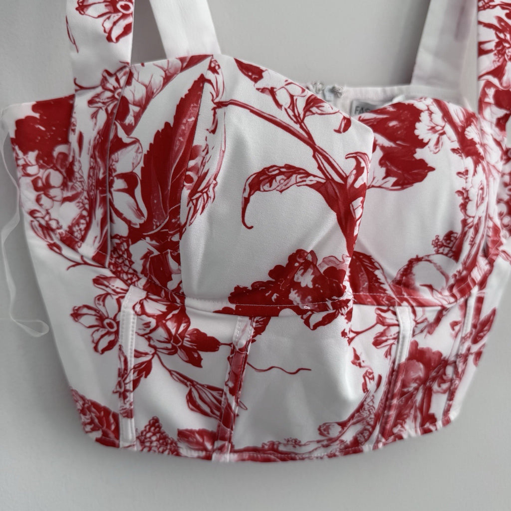 Fashion Nova Floral Corset Top White Red Size L NWT Bustier Y2K