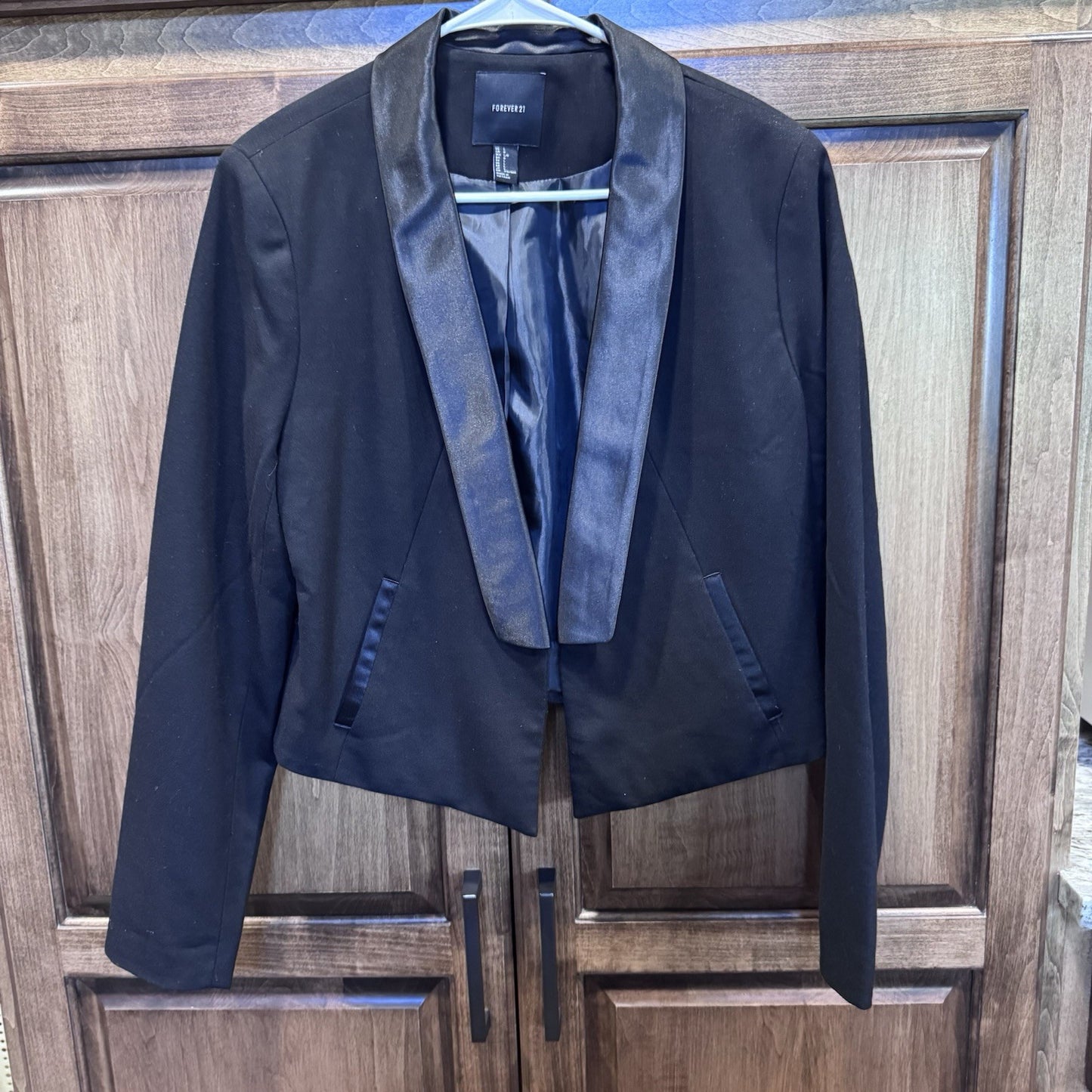 Forever 21 Black Satin Trim Blazer | Tuxedo Style | Size Large | Sleek + Chic