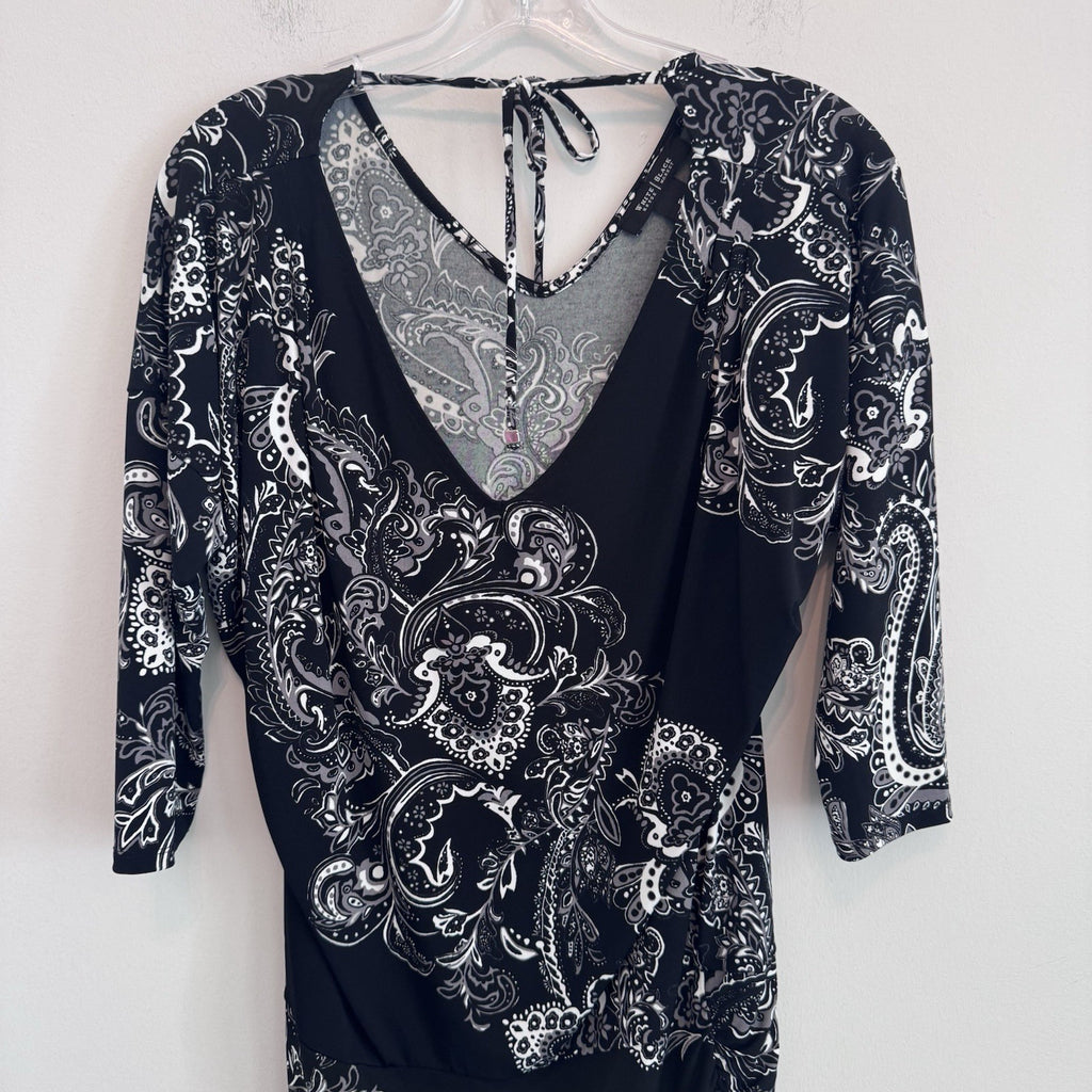 White House Black Market Dress Size S Black Paisley Ruched Sheath Midi Stretch