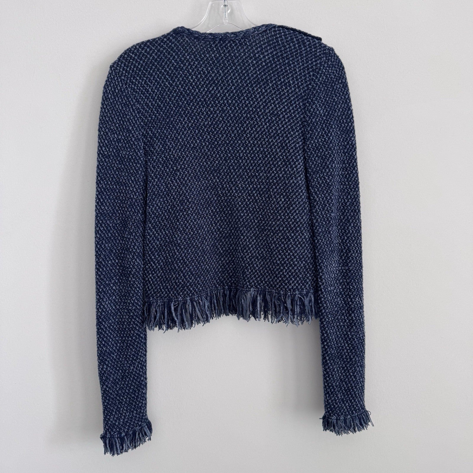 White House Black Market Fringe Knit Cardigan Blue Small Open Front