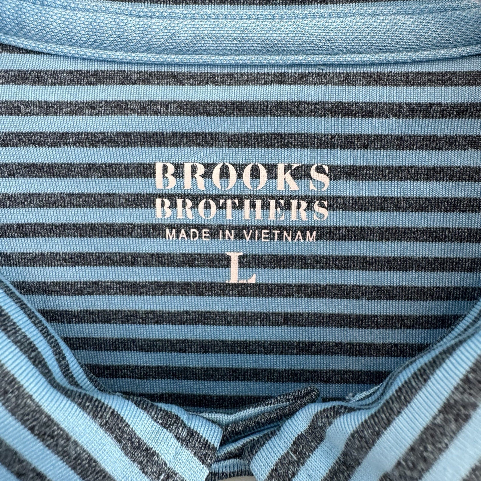 Brooks Brothers Mens Large Polo Shirt Blue Striped Performance Golf Sleeve Logo