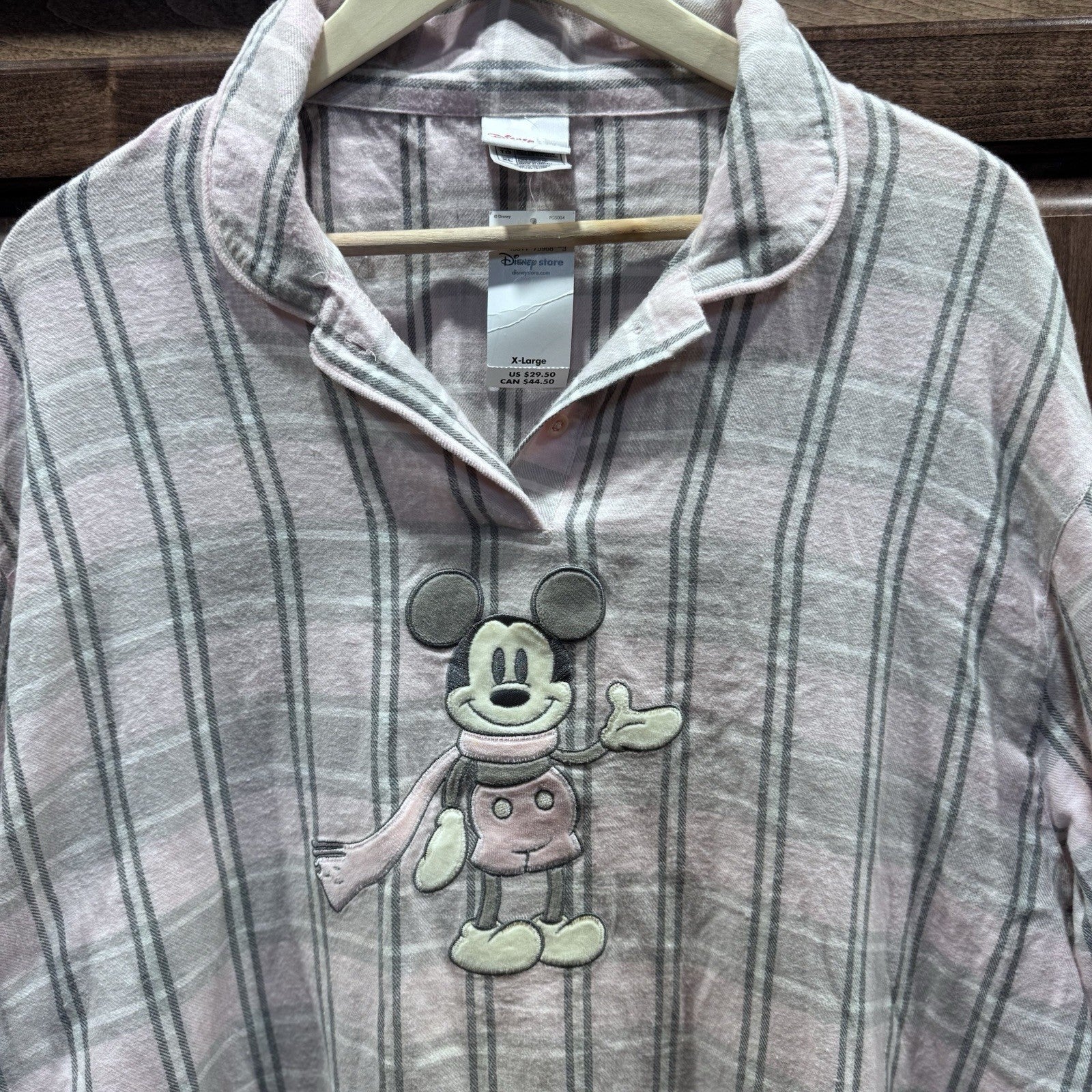 Vintage Disney Store Mickey Mouse Pink Gray Plaid Flannel Nightshirt XL 