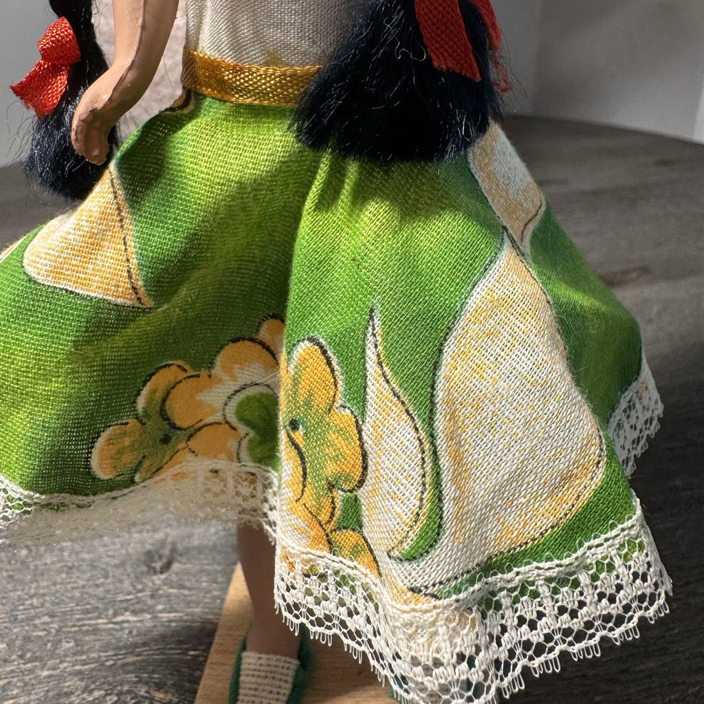 Vintage Venezuela Folk Art Doll Hand Painted 9" Souvenir Basket Wooden Base