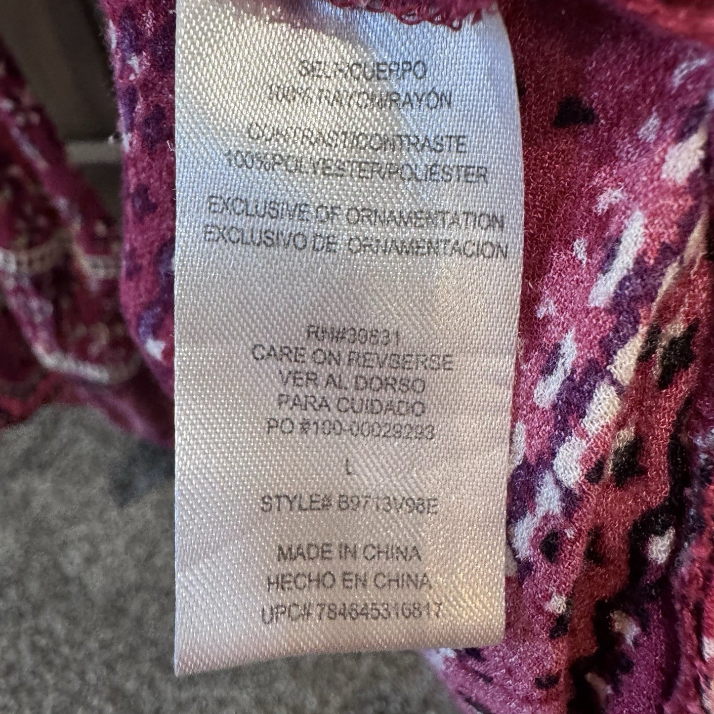 Democracy Women’s L Boho Floral Peasant Blouse Tassel Tie Burgundy Rayon