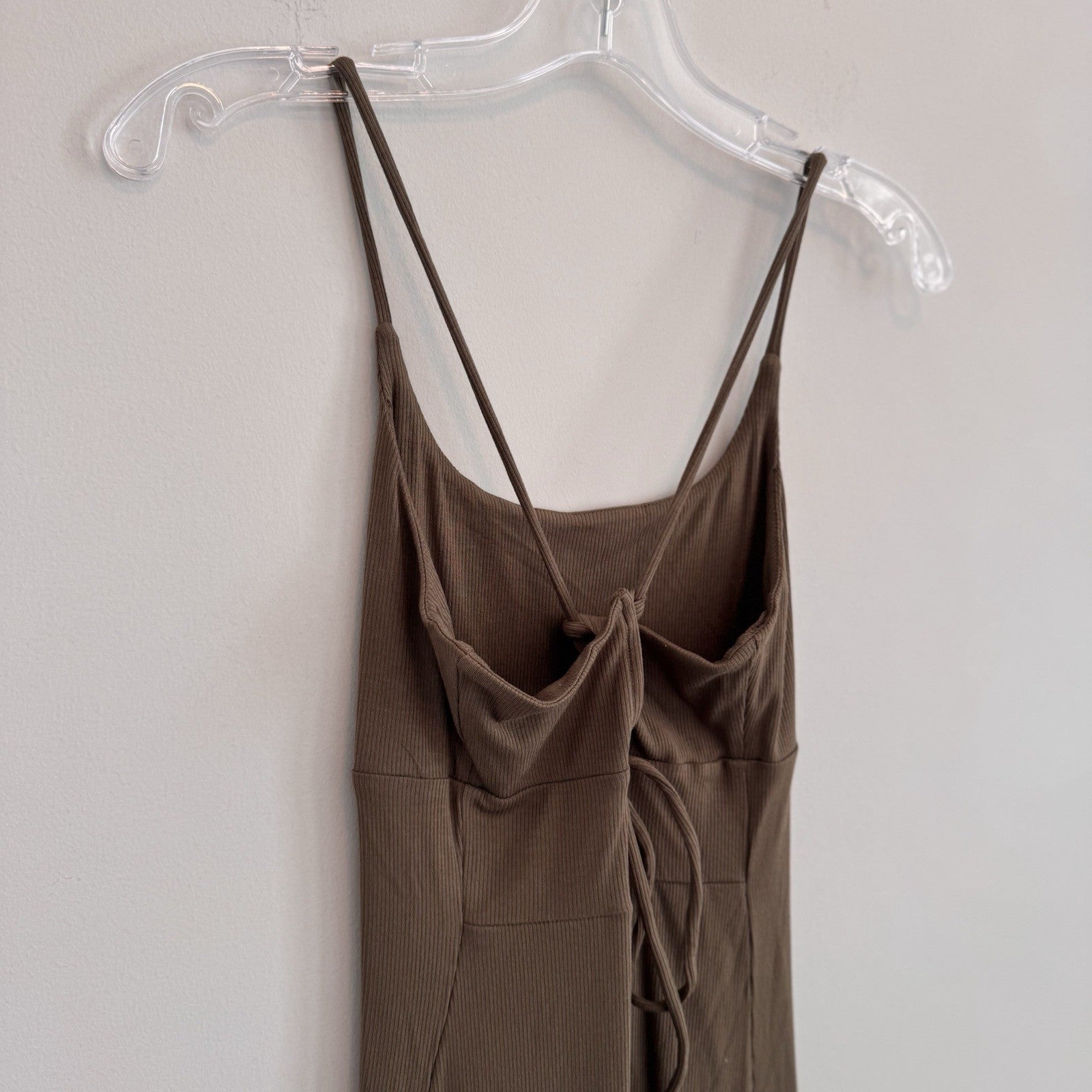 HALARA Ribbed Lace Up Back Split Hem Midi Dress Olive Brown Medium NWT