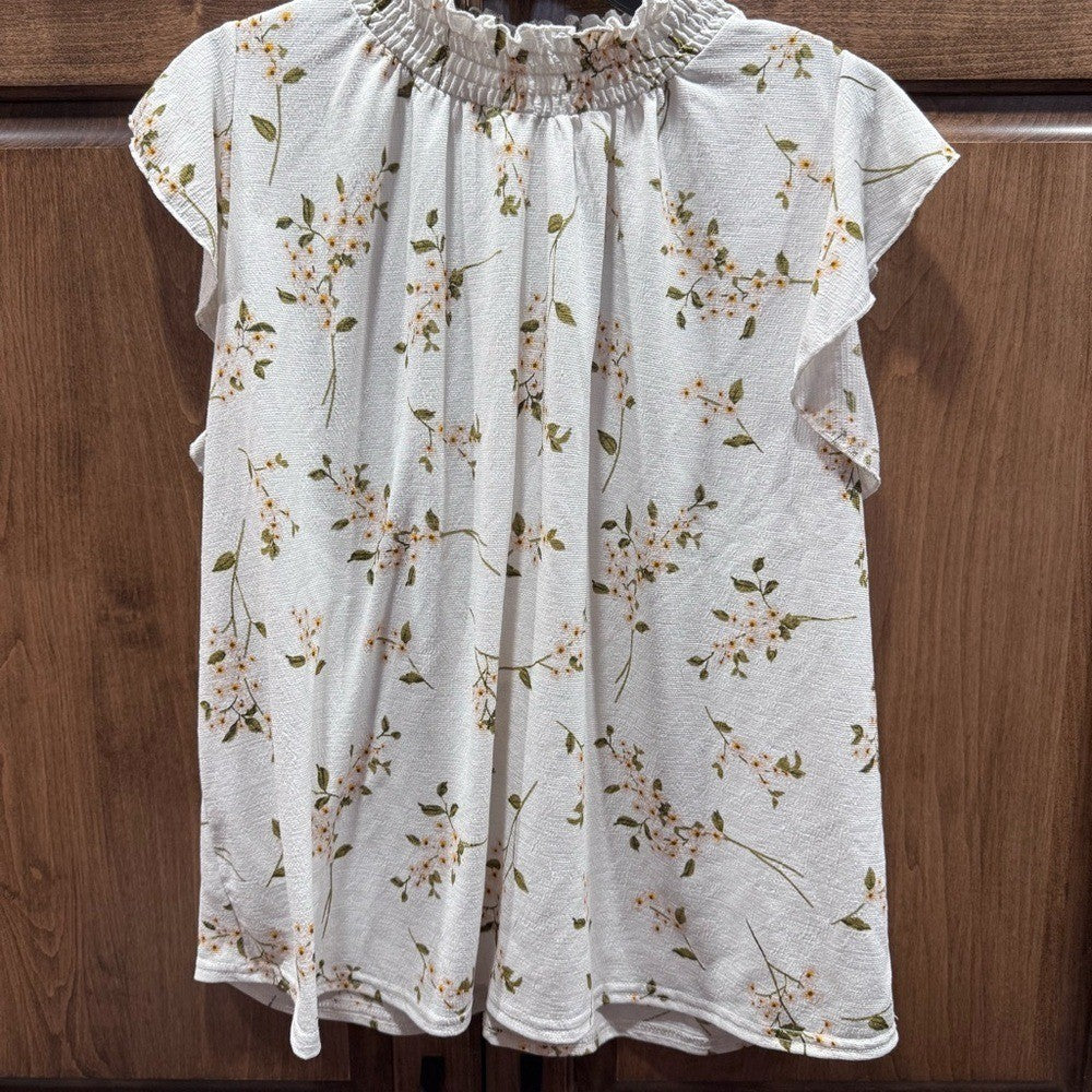 Melloday Floral High Neck Smocked Flutter Sleeve Floral Top Large