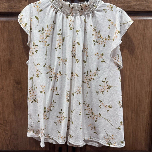 Melloday Floral High Neck Smocked Flutter Sleeve Floral Top Large