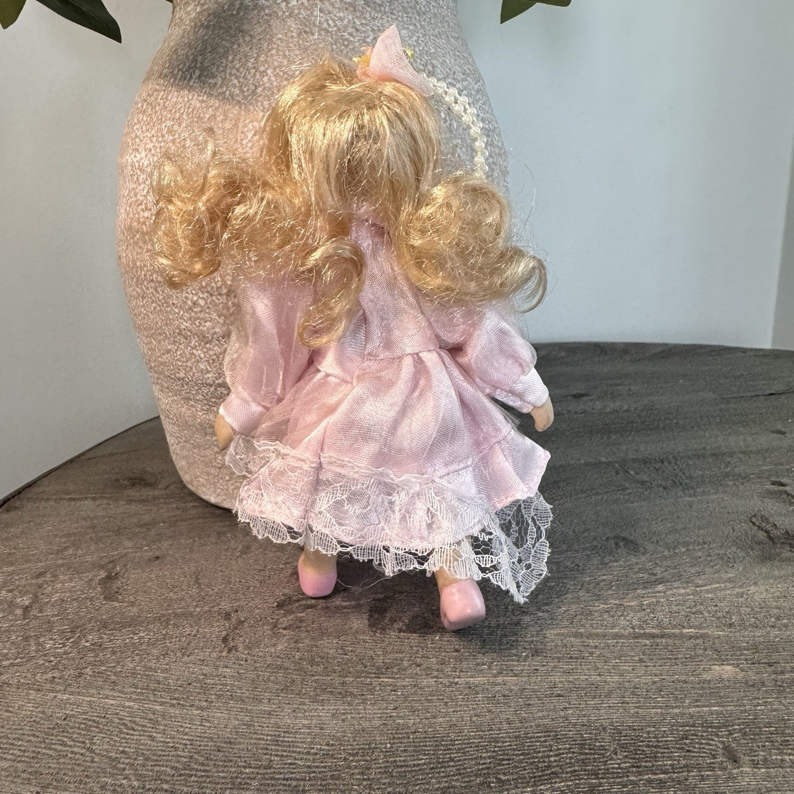Vintage Bisque Porcelain Doll 7" Blonde Curls Pink Satin Lace Dress & Faux Pearl