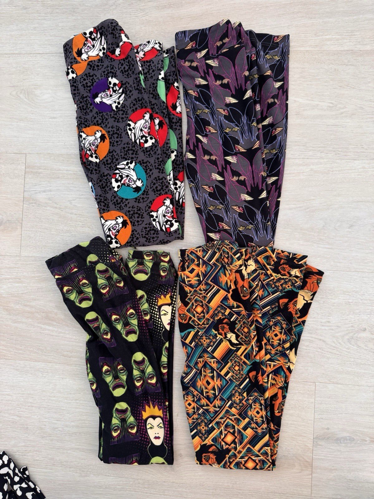 LuLaRoe Disney Villains Leggings Lot 4 L/XL Cruella Scar Evil Queen Maleficent