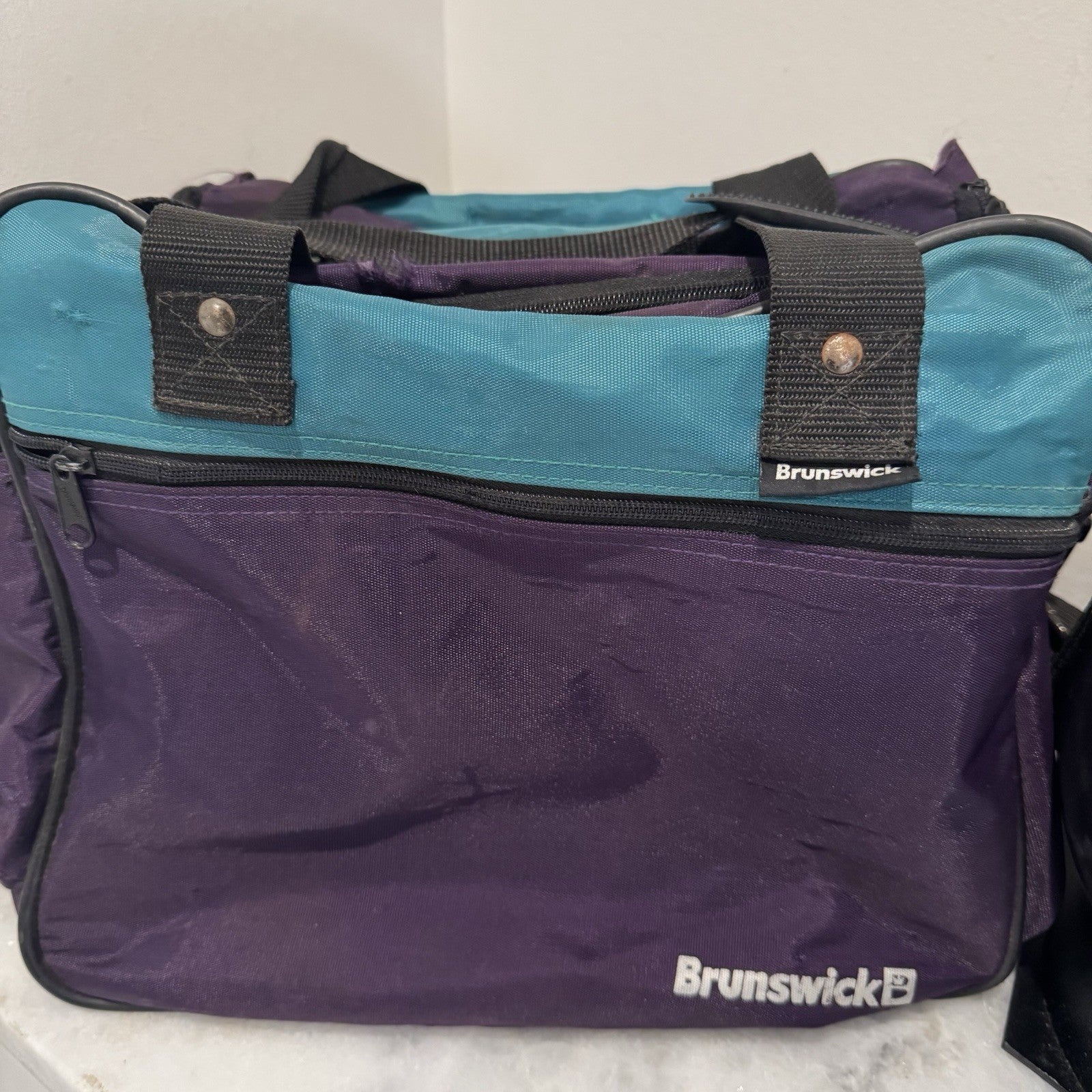 Vintage Brunswick Bowling Ball Bag with Stand And AMF Pro Ball.