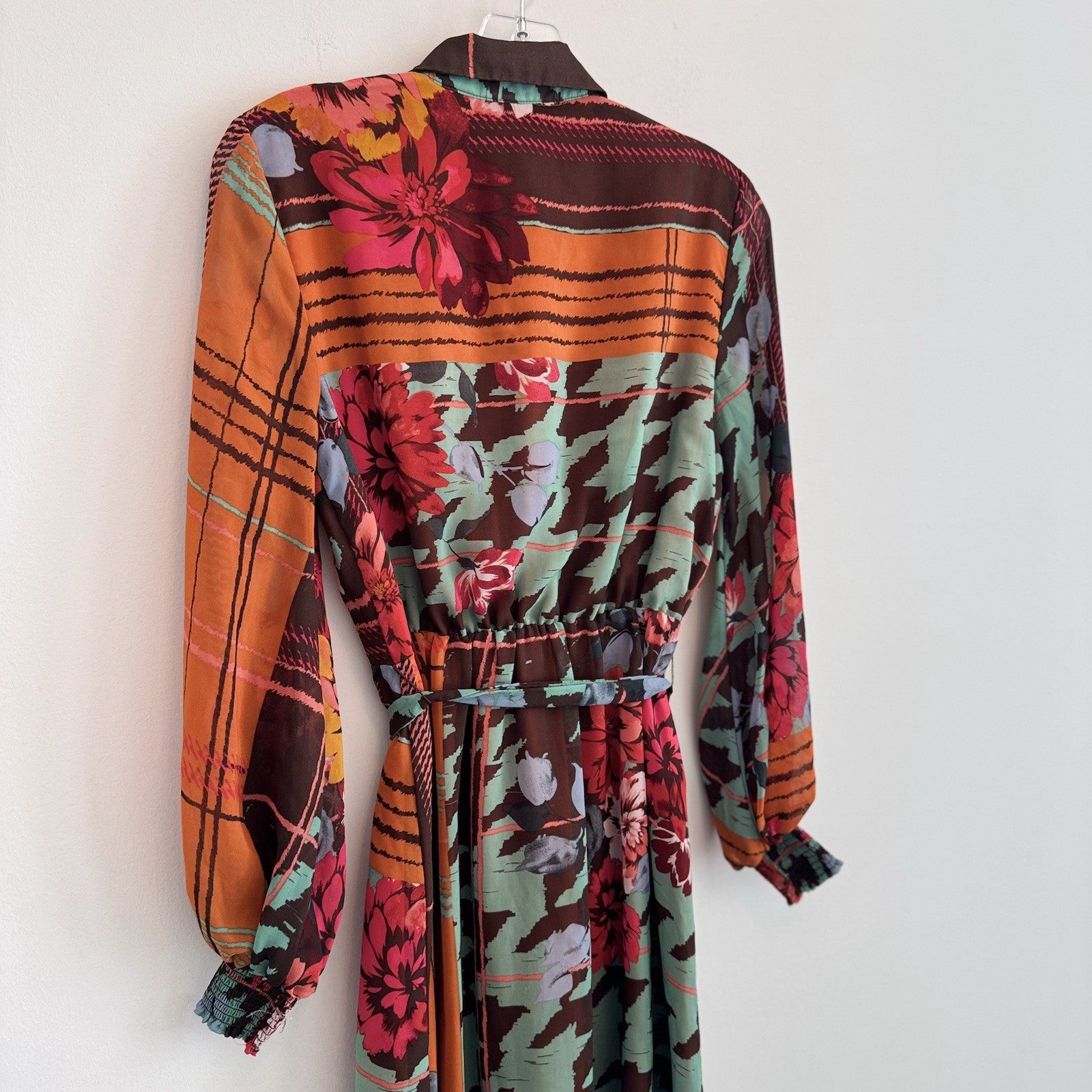 New York & Co XS Long Sleeve Midi Shirtdress Mixed Pattern Floral Plaid Belted