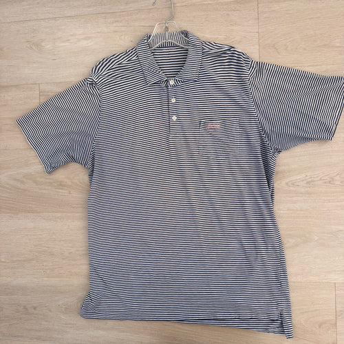 B. Draddy Men's Large Pima Cotton Striped Polo Shirt Navy White Pink Script