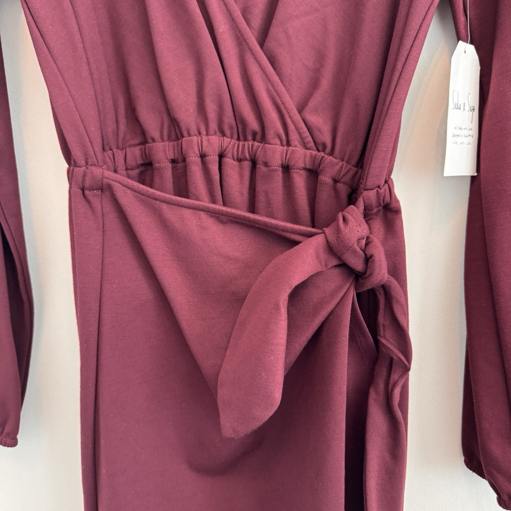 NWT Sadie & Sage Women Small Burgundy Faux Wrap Dress Long Sleeve Boho Boutique