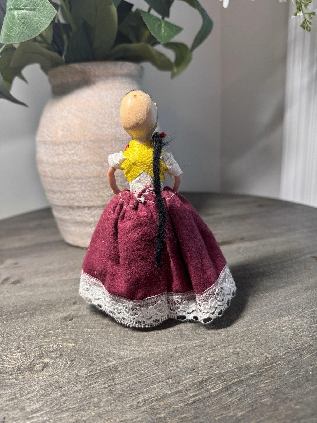 Vintage European Folk Art Doll Hand Painted 6" Souvenir Composition Wooden Base