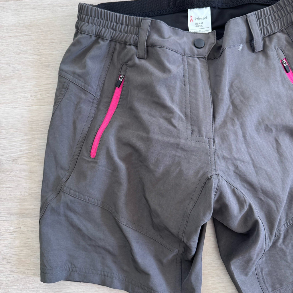 Priessei Gray Athletic Shorts M Pink Zip Pockets Lined Activewear NWT