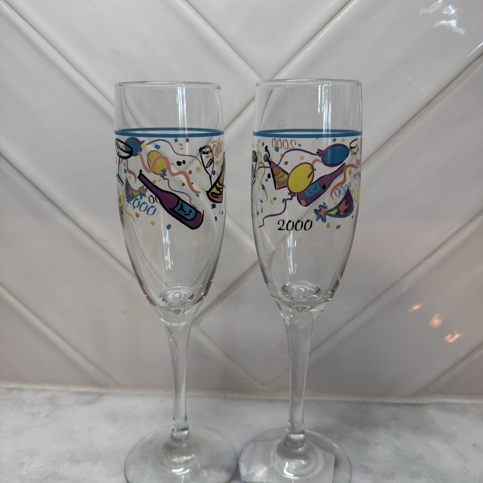 Y2K 2000 Millennium Handpainted Champagne Glasse Flutes Birthday