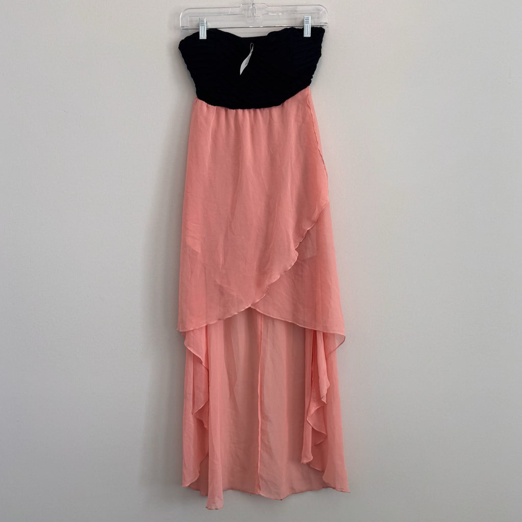 Body Central Y2K Strapless Dress Pink Black Hi-Low Chiffon S NWT