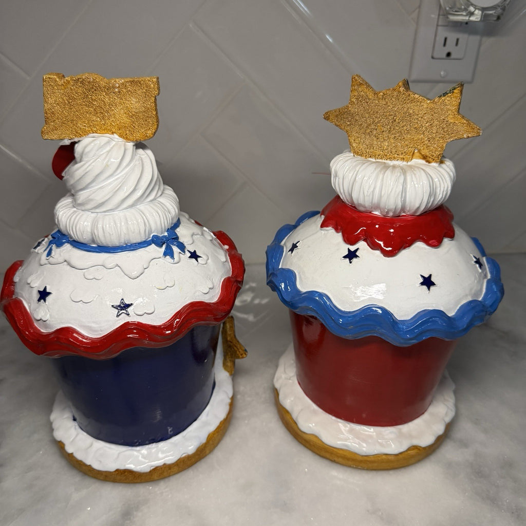 Set of 2 Patriotic Light Up Cupcake Houses USA 1776 July 4th Decor