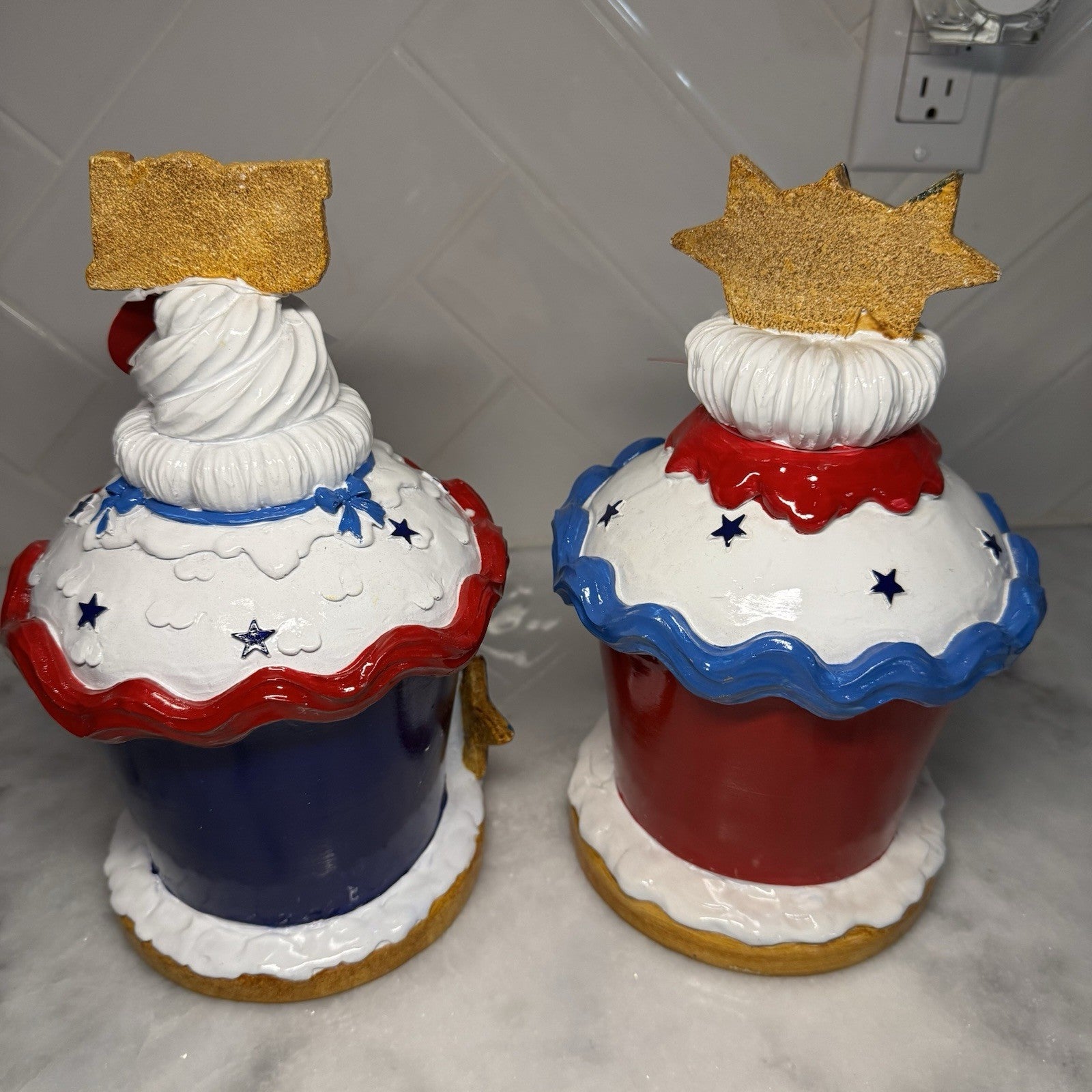 Set of 2 Patriotic Light Up Cupcake Houses USA 1776 July 4th Decor