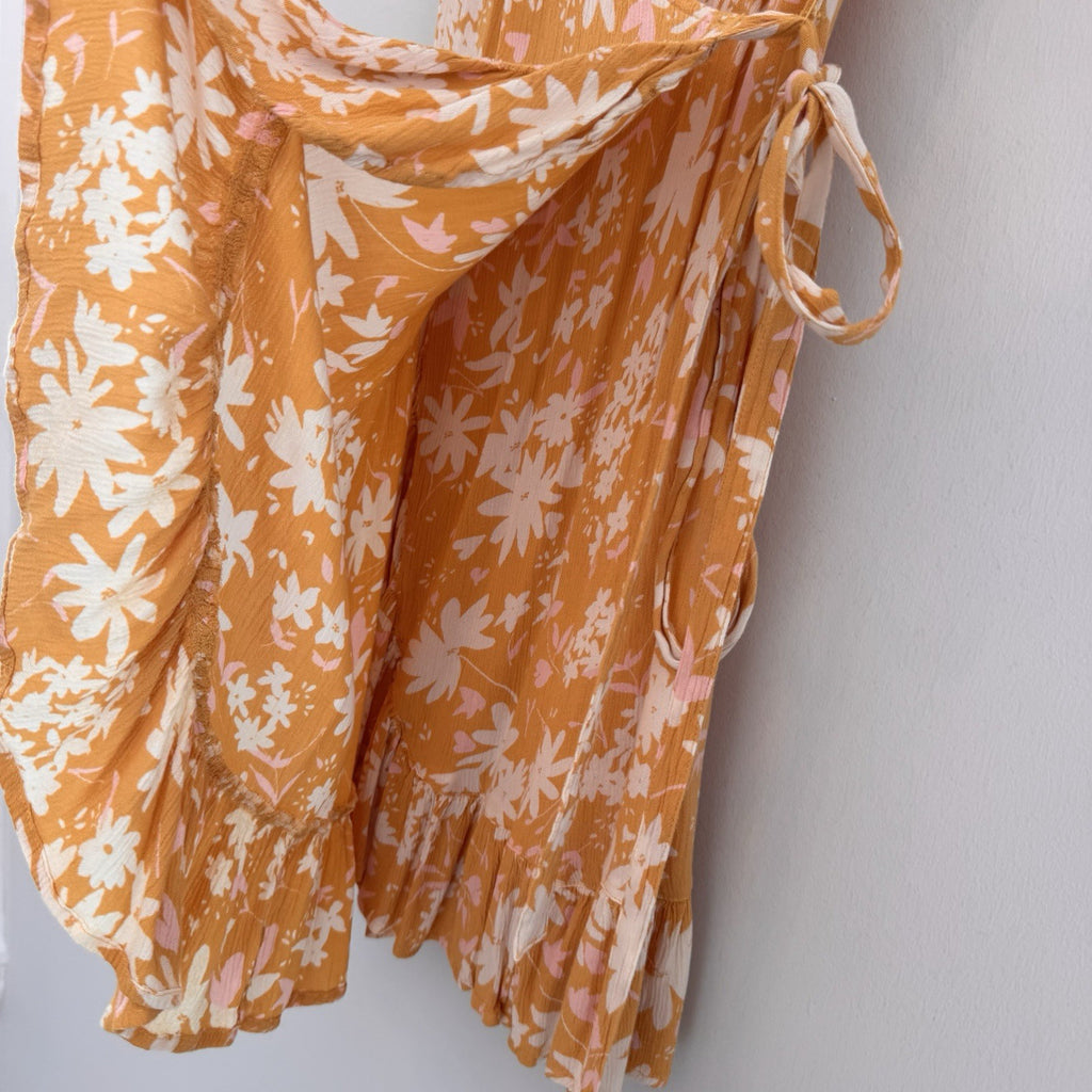 BILLABONG Wrap & Roll Mini Dress Sz S Yellow Floral VNeck Flutter Sleeve Women’s