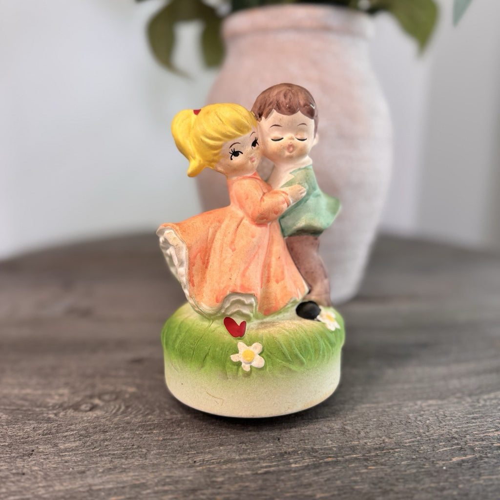 Vintage Musical Figurine Dancing Couple Blonde Girl Brown Hair Boy Made in Japan