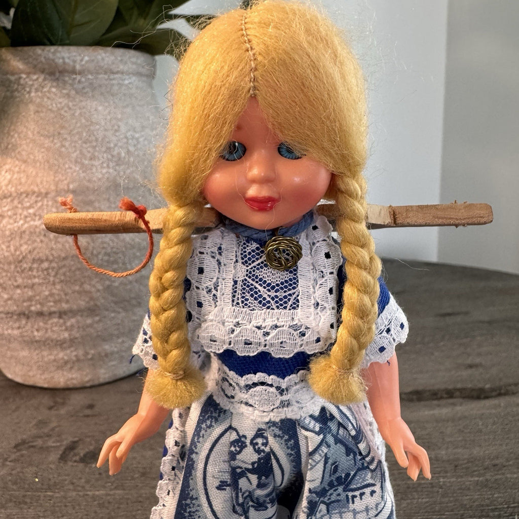 Vintage Dutch Girl Doll 7" Blonde Braids Wooden Clogs Windmill Dress Yoke