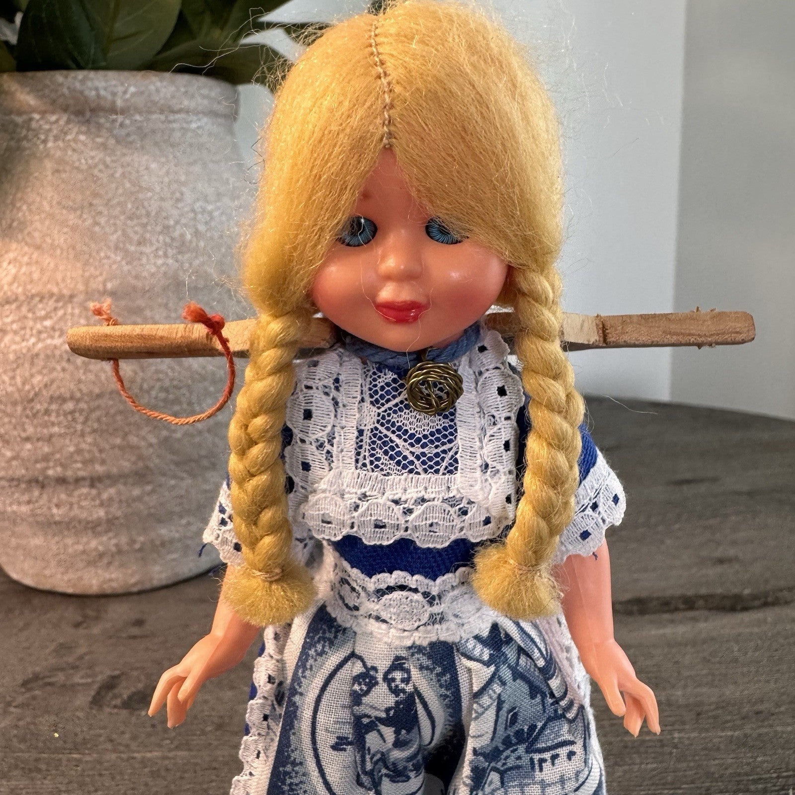 Vintage Dutch Girl Doll 7" Blonde Braids Wooden Clogs Windmill Dress Yoke