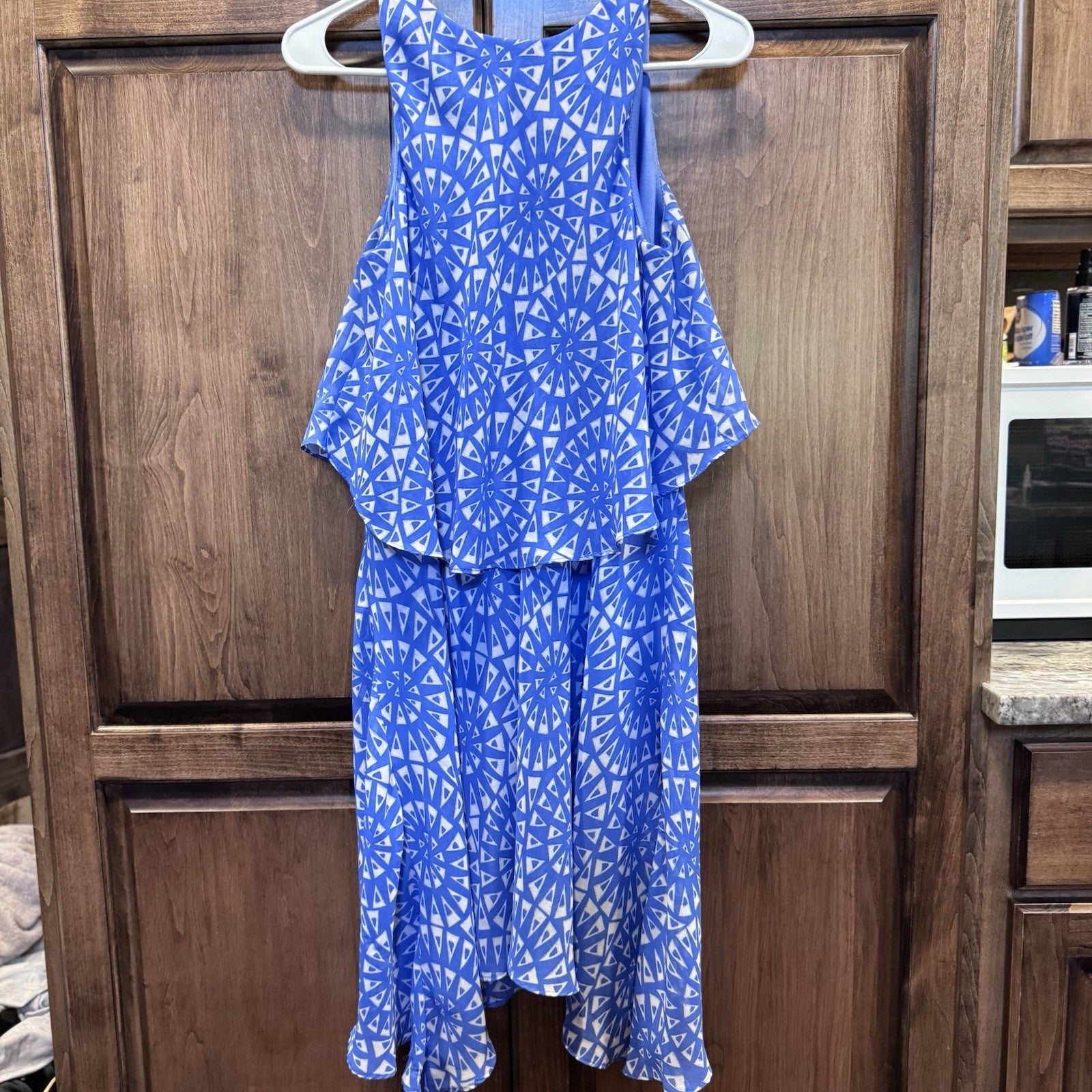 London Times Women’s Blue Geometric Print Sleeveless Dress Size 4