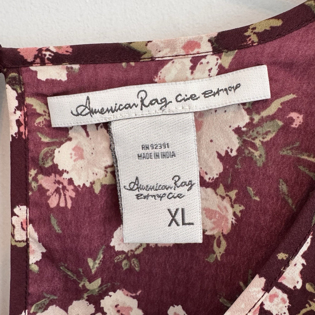 American Rag Cie Romper XL Burgundy Rose Floral Ruffle Hem Tie Front Pockets