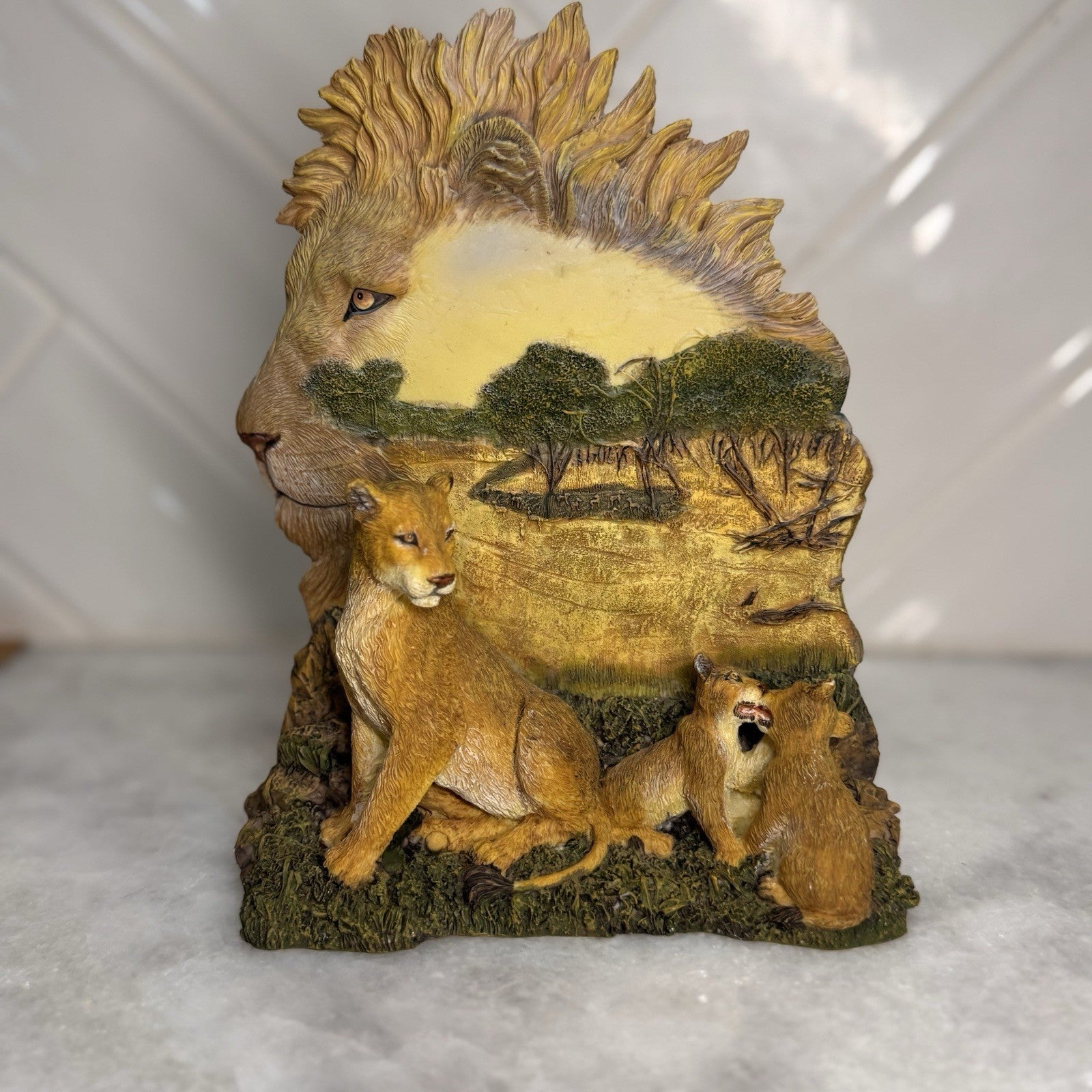 Vintage Lion Family High Relief Resin Sculpture African Savanna Wildlife Decor