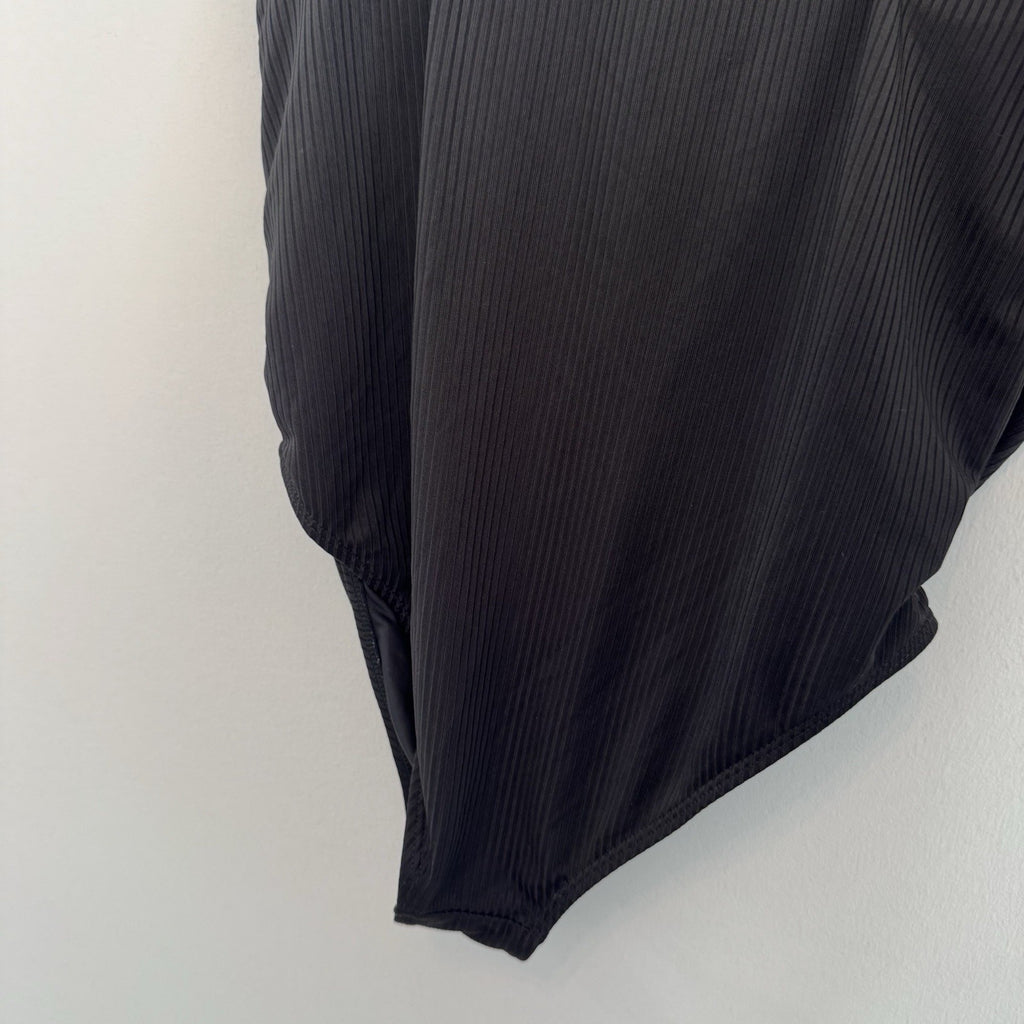 Summer Mae Black Ribbed Maternity One-Piece Swimsuit Button Front V-Neck Medium