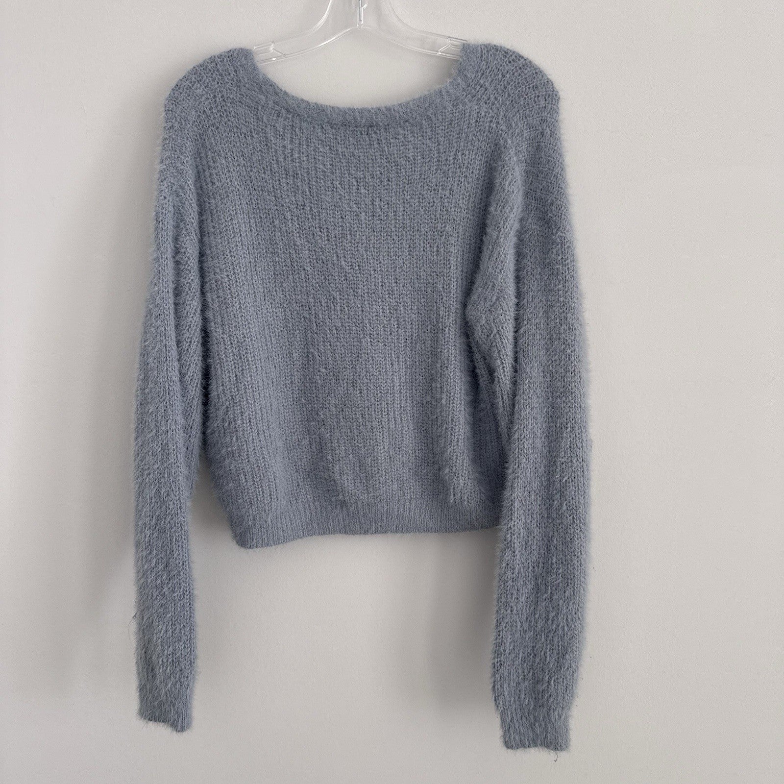 Nasty Gal Y2K Fuzzy Knit Cropped Cardigan Gray V Neck Button M