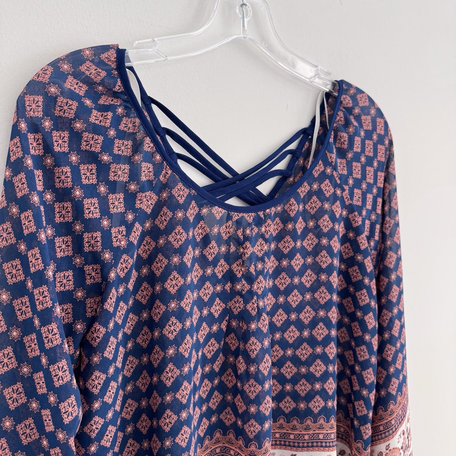 Blu Pepper Boho Blouse S Navy Coral Paisley Sheer Sleeve Top Anthropology