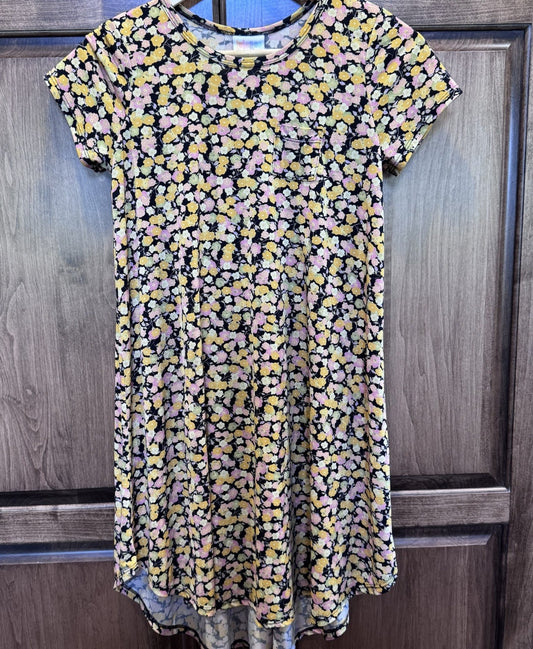 LuLaRoe Girls Floral Swing Dress Size 12 Yellow Pink Black Short Sleeve A-Line
