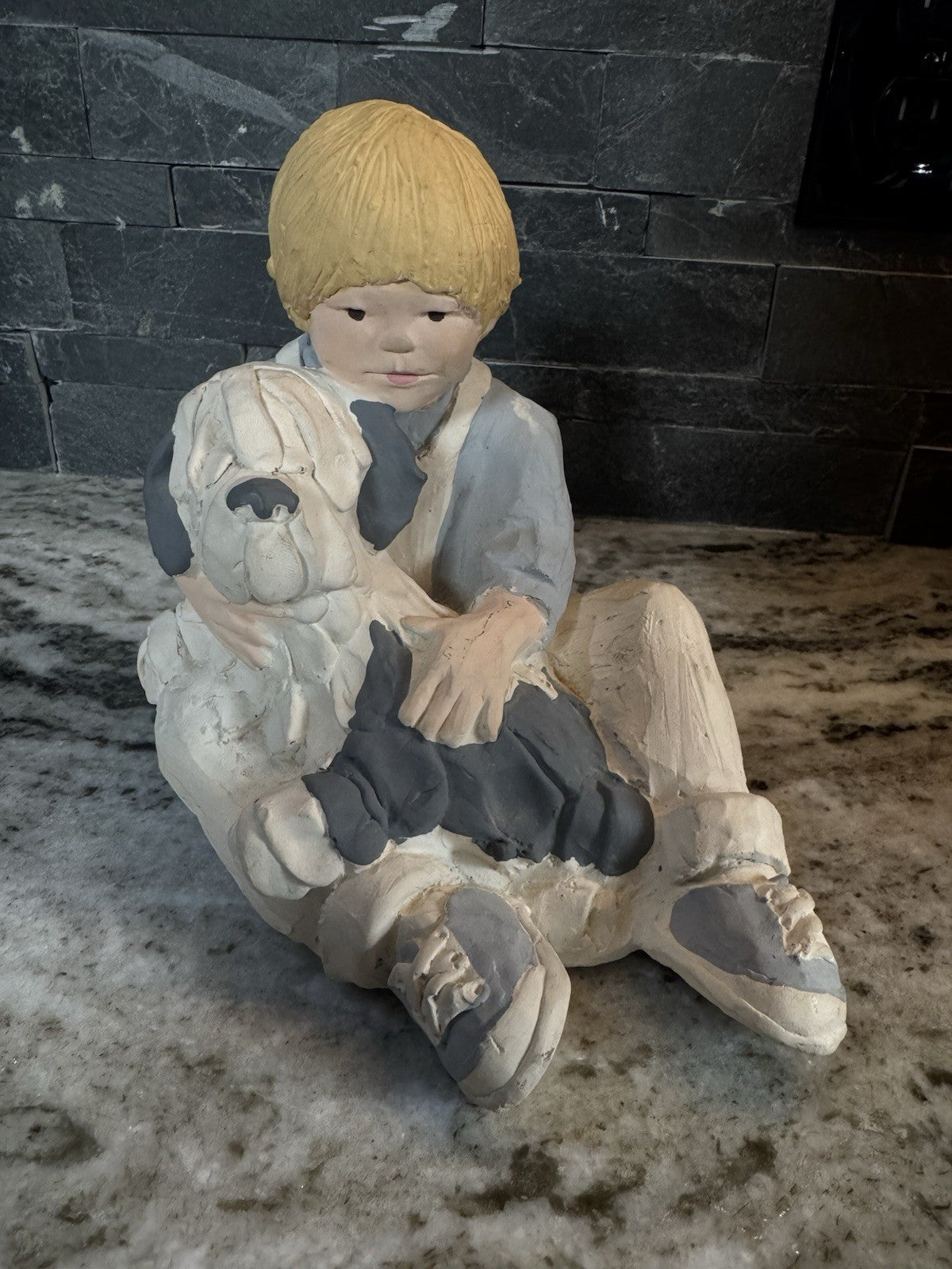 Sneaker Kids Boy W/Shaggy Dog Sculpture~Daze Mortensen Signed~Austin Prod 1986