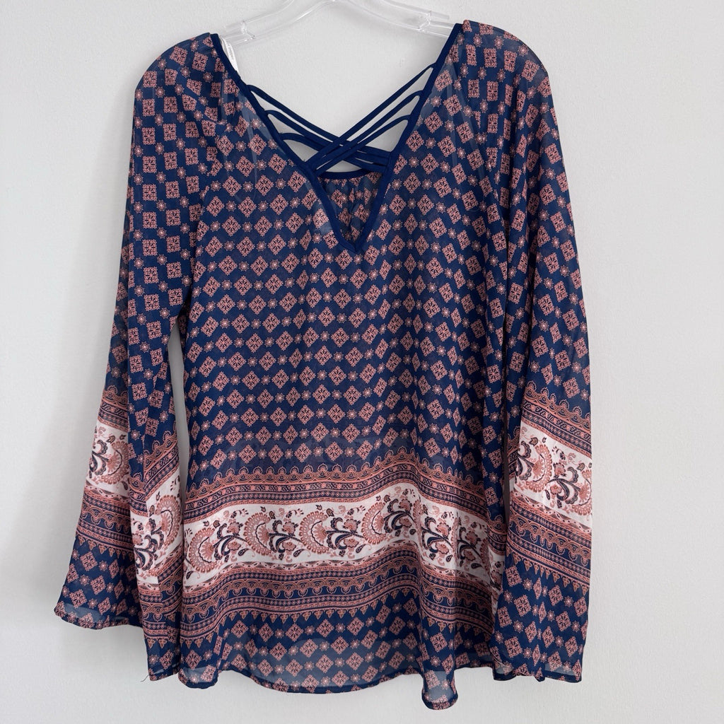 Blu Pepper Boho Blouse S Navy Coral Paisley Sheer Sleeve Top Anthropology