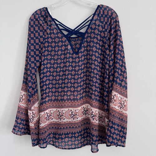 Blu Pepper Boho Blouse S Navy Coral Paisley Sheer Sleeve Top Anthropology
