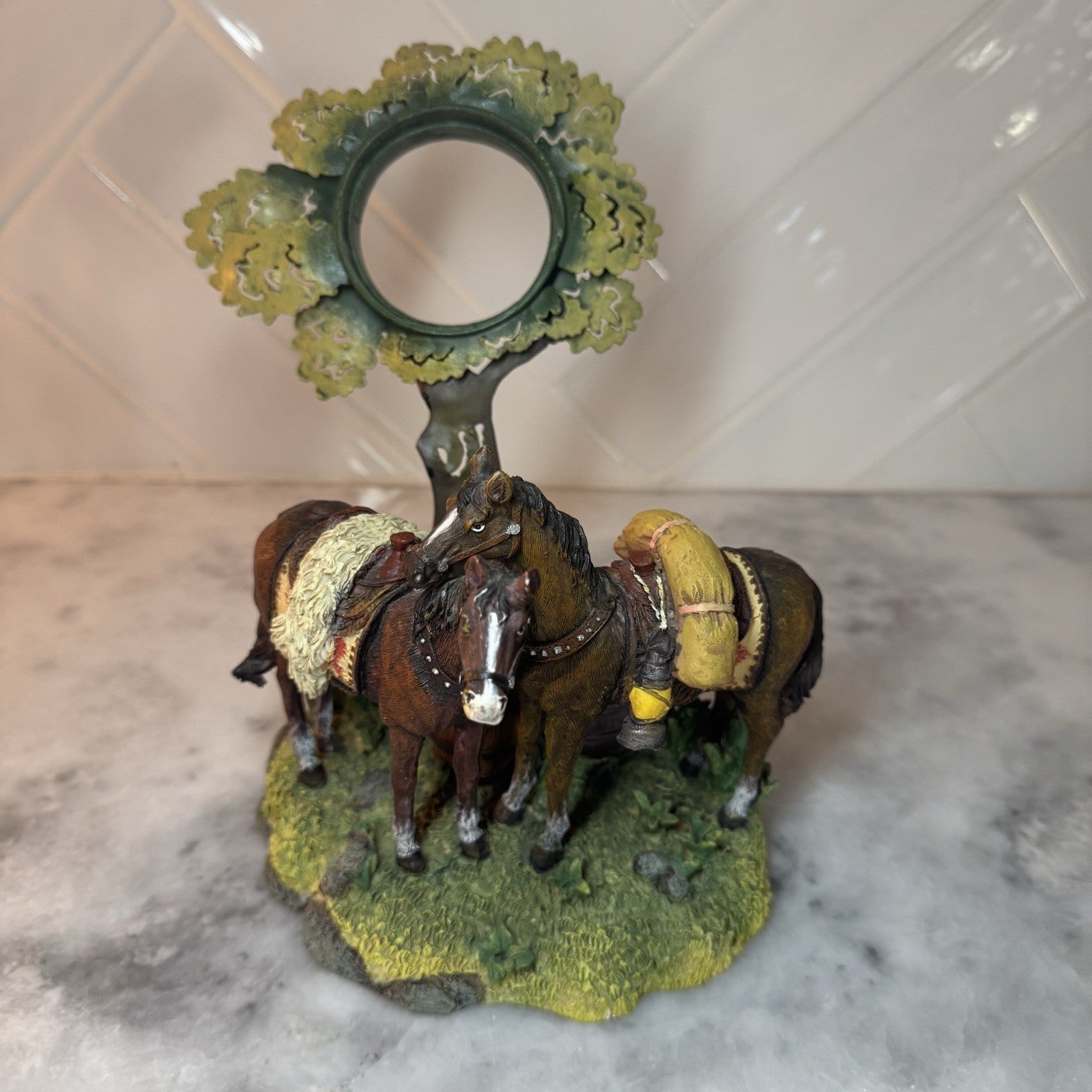 Western Horse Tree Figurine Tea Light Candle Holder Rustic Cowboy Decor Vintage