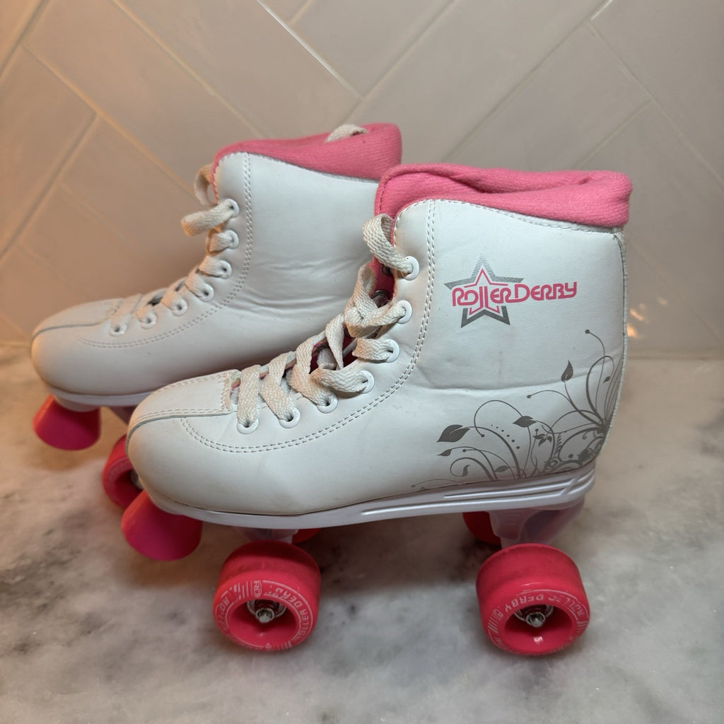 Roller Derby Girls Women Quad Roller Skates White Pink Size 4 Adjustable Pro