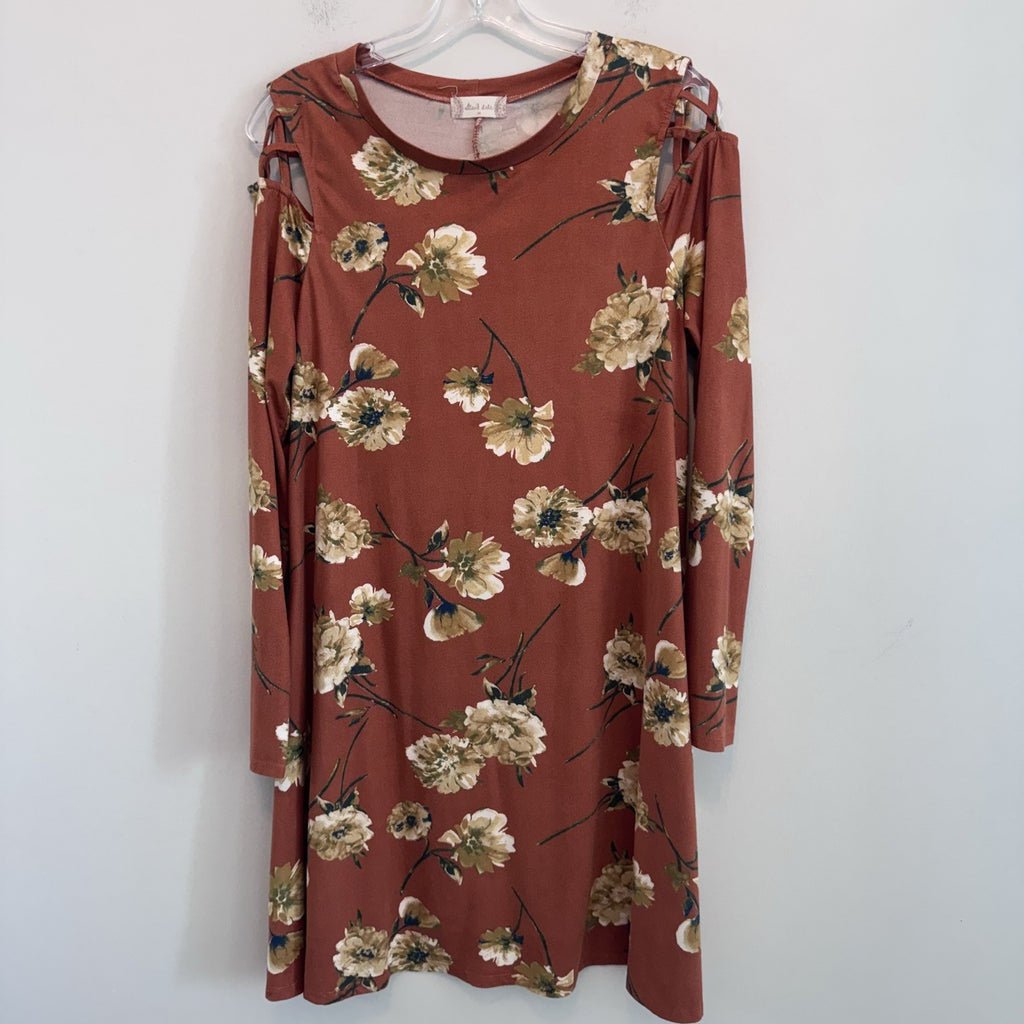 Altar’d State M Floral Cold Shoulder Dress Rust Boho Long Sleeve Mini