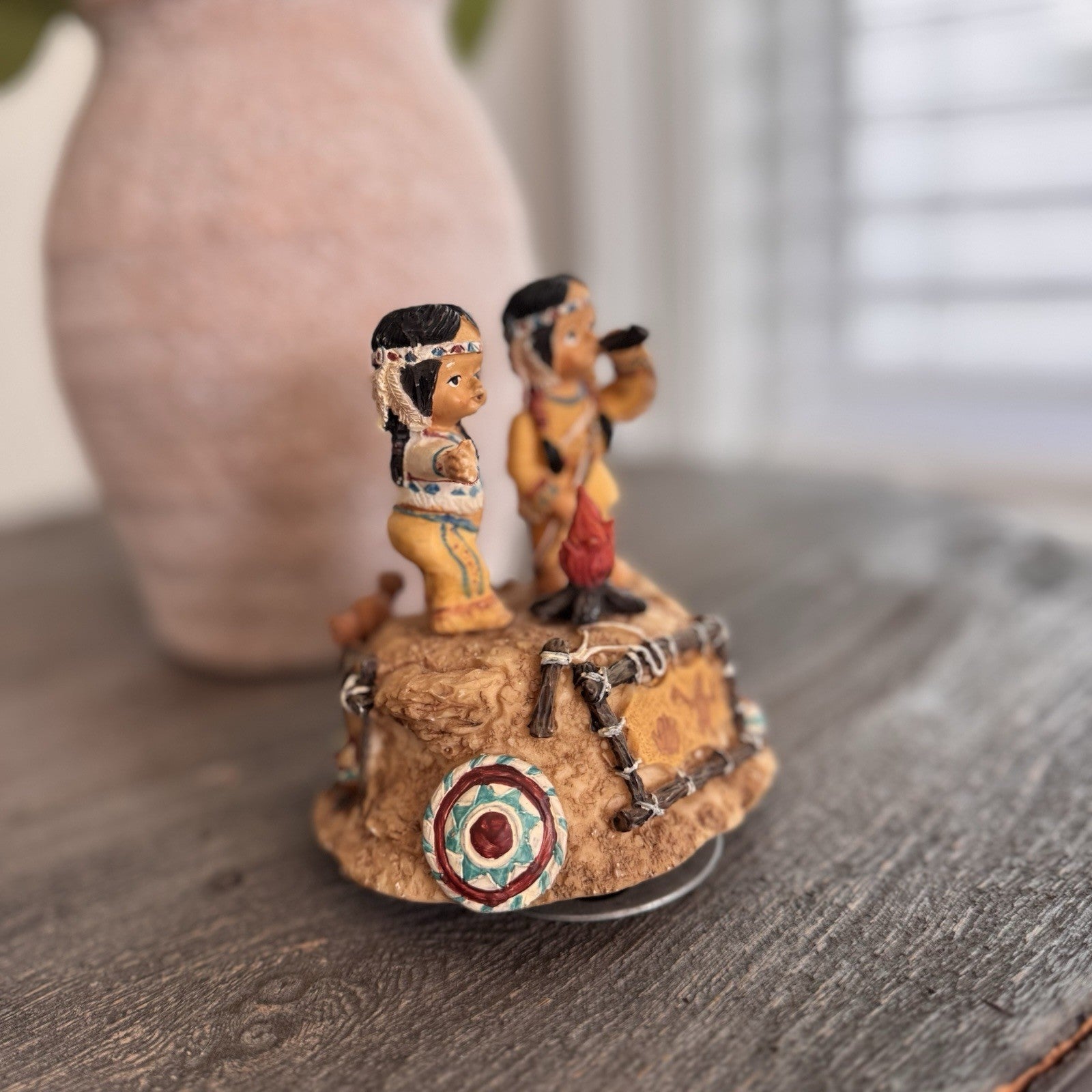 Vintage Native American Children Music Box Campfire Figurine Resin Decor Indian