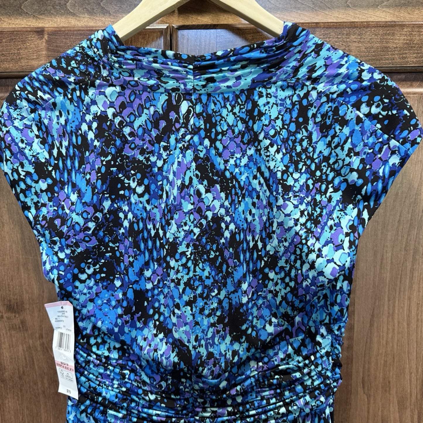 NWT Black Label by Evan-Picone Dress 10 Sea Blue Multi Sleeveless Ruched Waist