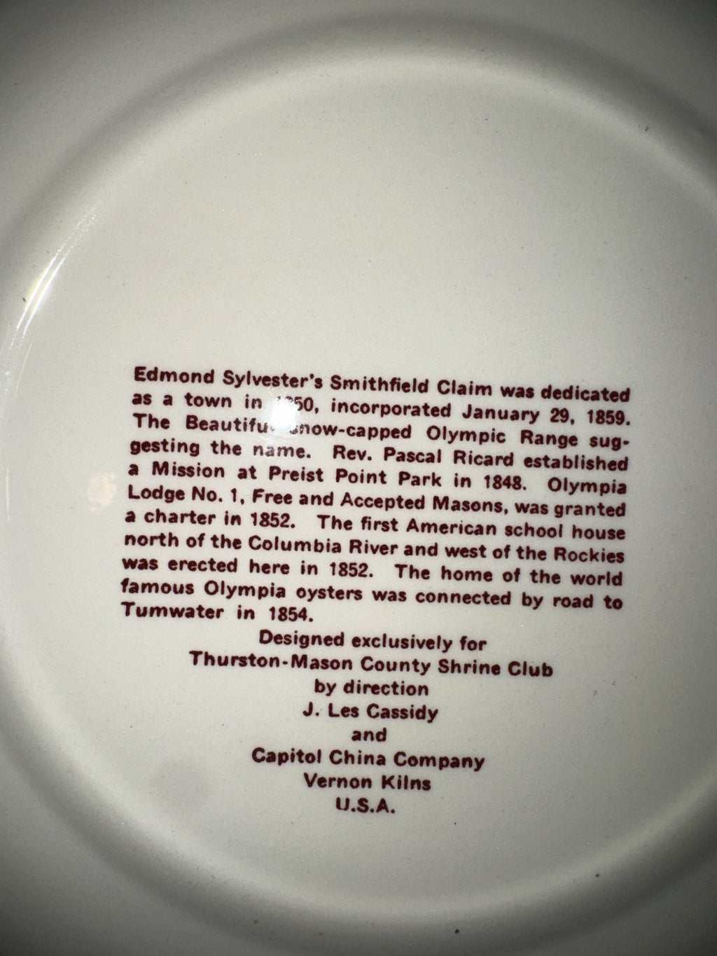 Olympia's First 100 Years 1850 - 1950 Centennial Plate Vernon Kilns