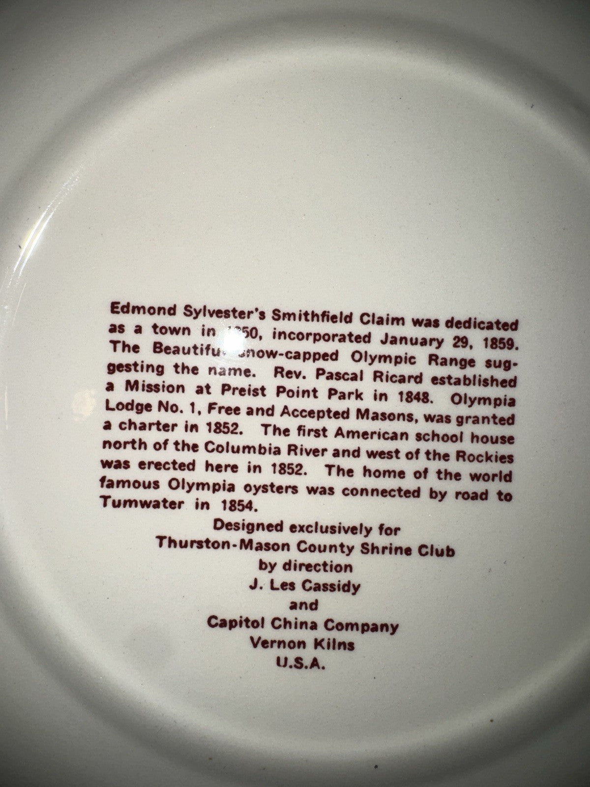 Olympia's First 100 Years 1850 - 1950 Centennial Plate Vernon Kilns