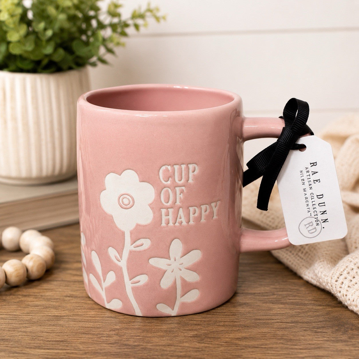 Rae Dunn “Cup Of Happy” Pink Floral Mug Artisan Collection New
