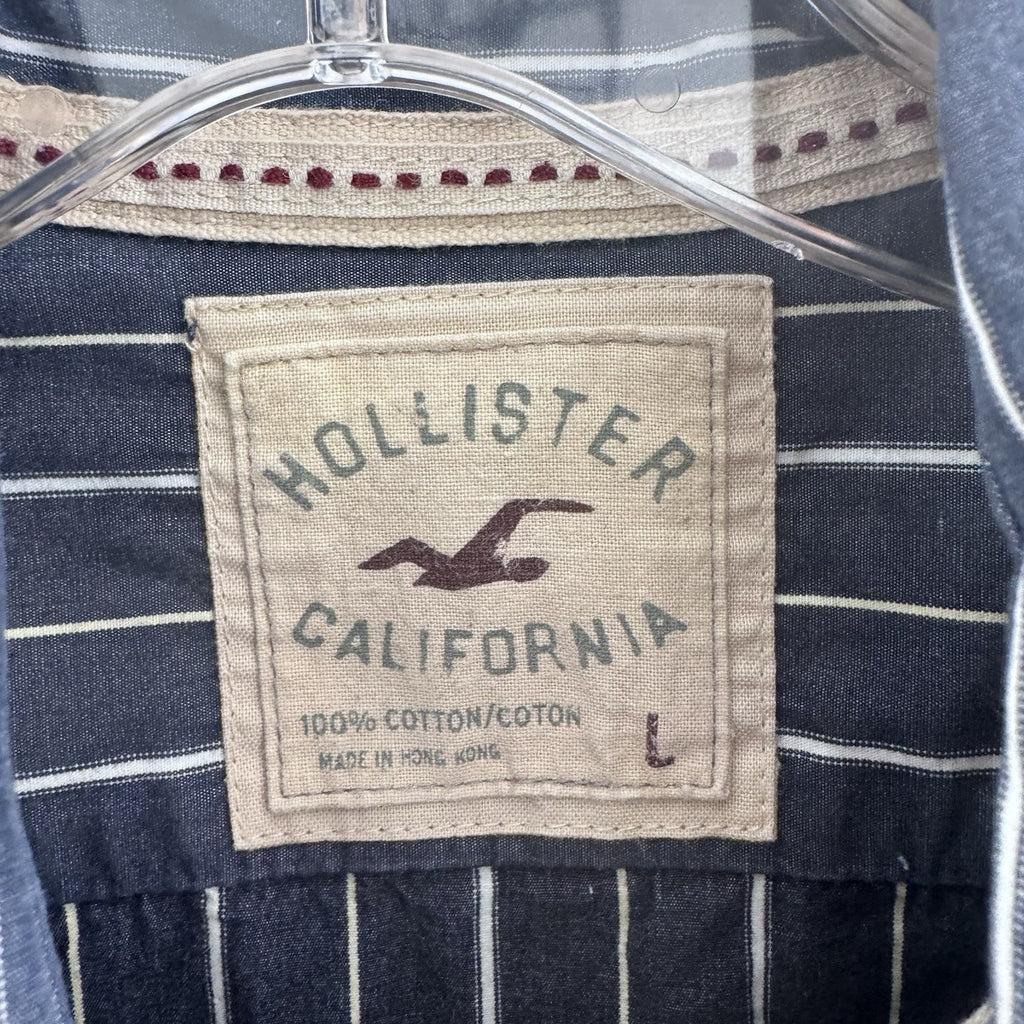 Hollister Mens Large Button Up Shirt Blue White Stripe Cotton Preppy Y2K