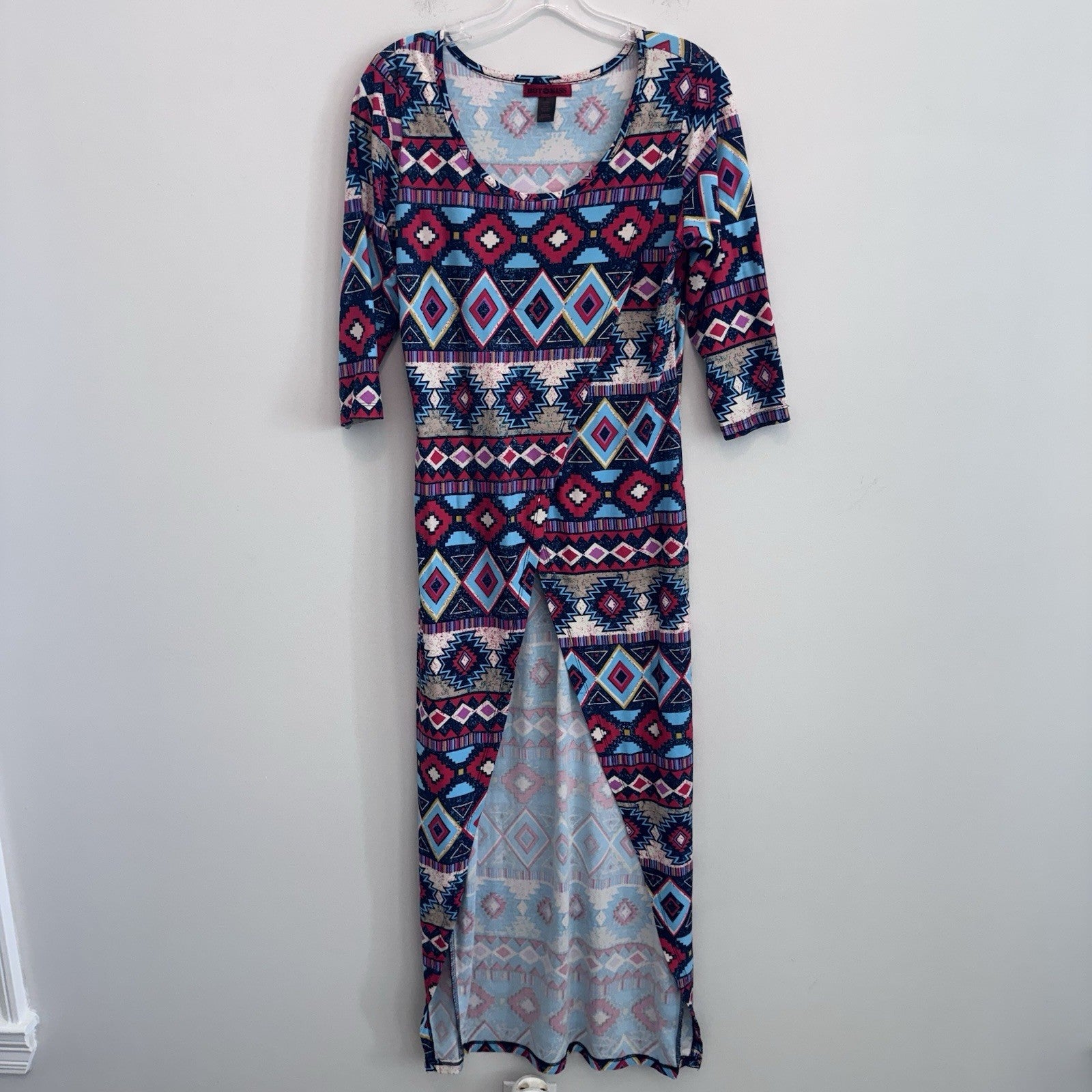 Hot Kiss Maxi Dress Large Boho Aztec Tribal Print Side Slit 3/4 Sleeve
